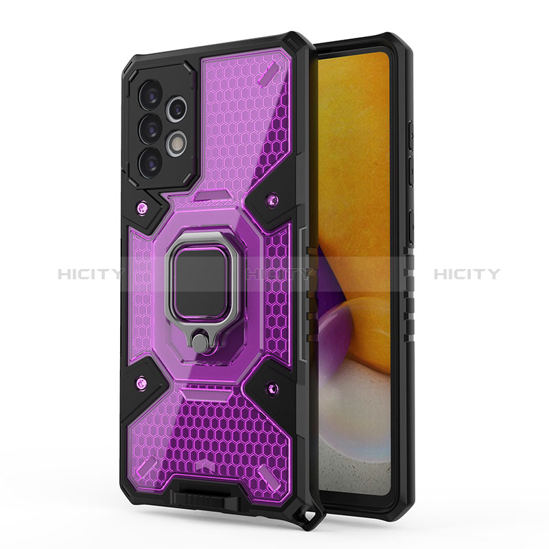 Silicone Matte Finish and Plastic Back Cover Case with Magnetic Finger Ring Stand S04 for Samsung Galaxy A72 4G Purple