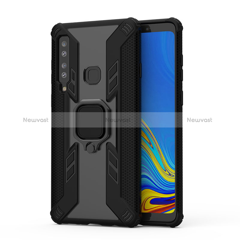 Silicone Matte Finish and Plastic Back Cover Case with Magnetic Finger Ring Stand S04 for Samsung Galaxy A9 (2018) A920