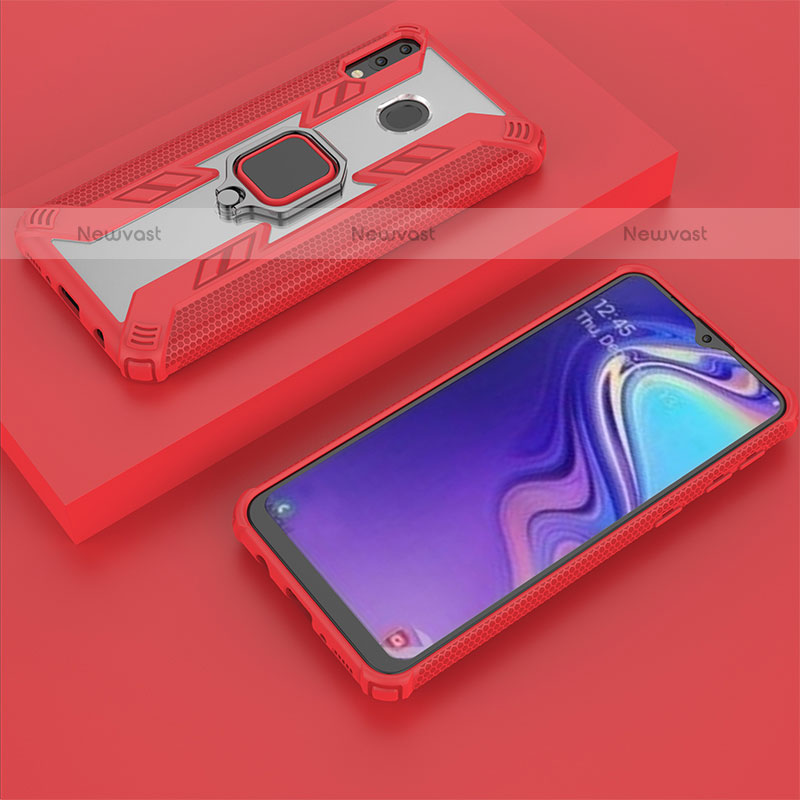 Silicone Matte Finish and Plastic Back Cover Case with Magnetic Finger Ring Stand S04 for Samsung Galaxy M20 Red