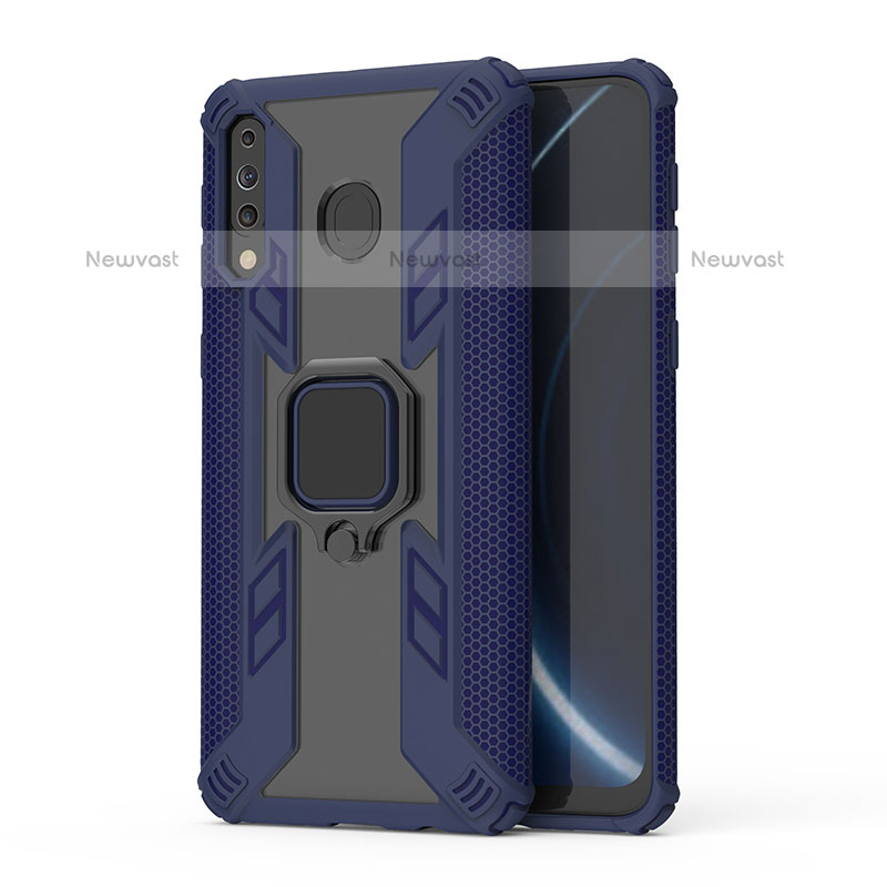 Silicone Matte Finish and Plastic Back Cover Case with Magnetic Finger Ring Stand S04 for Samsung Galaxy M30 Blue