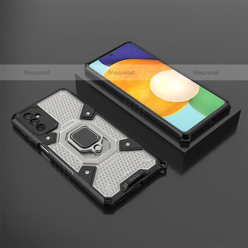 Silicone Matte Finish and Plastic Back Cover Case with Magnetic Finger Ring Stand S04 for Samsung Galaxy M52 5G Black