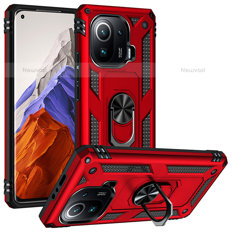 Silicone Matte Finish and Plastic Back Cover Case with Magnetic Finger Ring Stand S04 for Xiaomi Mi 11 Pro 5G Red