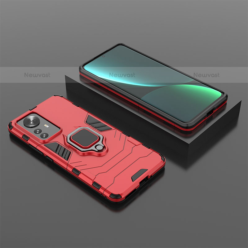 Silicone Matte Finish and Plastic Back Cover Case with Magnetic Finger Ring Stand S04 for Xiaomi Mi 12 Lite 5G Red