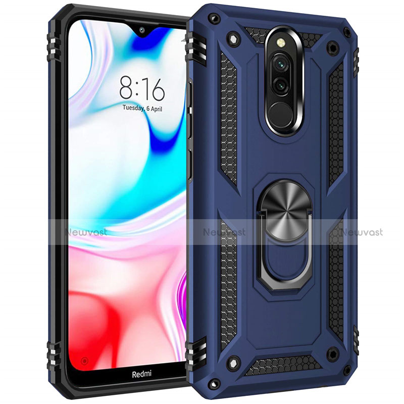 Silicone Matte Finish and Plastic Back Cover Case with Magnetic Finger Ring Stand S04 for Xiaomi Redmi 8