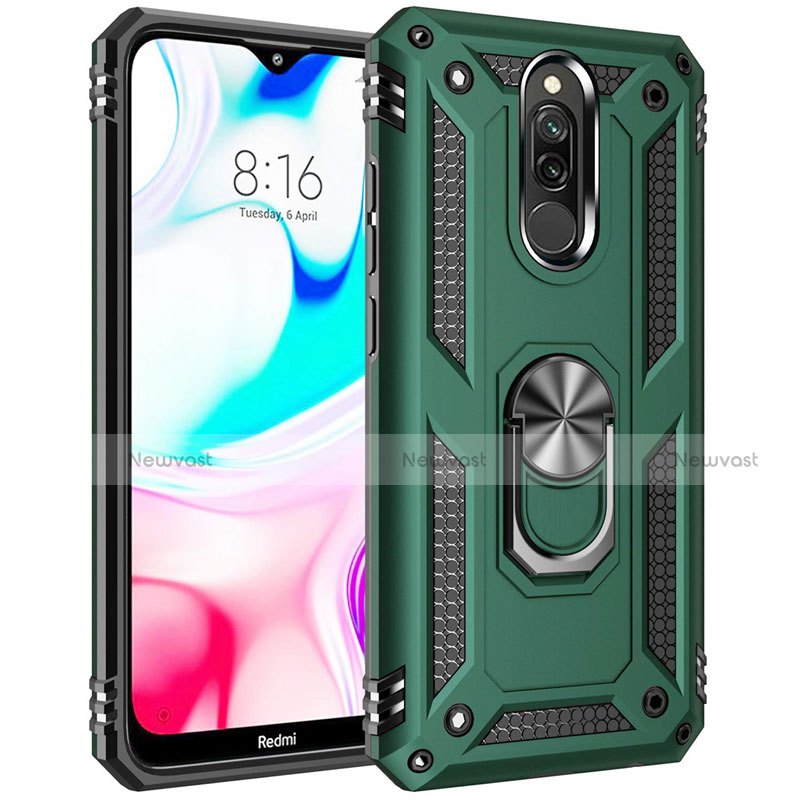 Silicone Matte Finish and Plastic Back Cover Case with Magnetic Finger Ring Stand S04 for Xiaomi Redmi 8