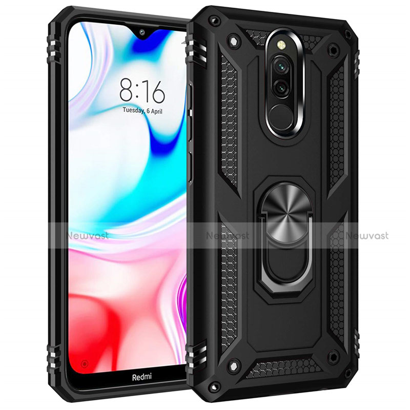 Silicone Matte Finish and Plastic Back Cover Case with Magnetic Finger Ring Stand S04 for Xiaomi Redmi 8