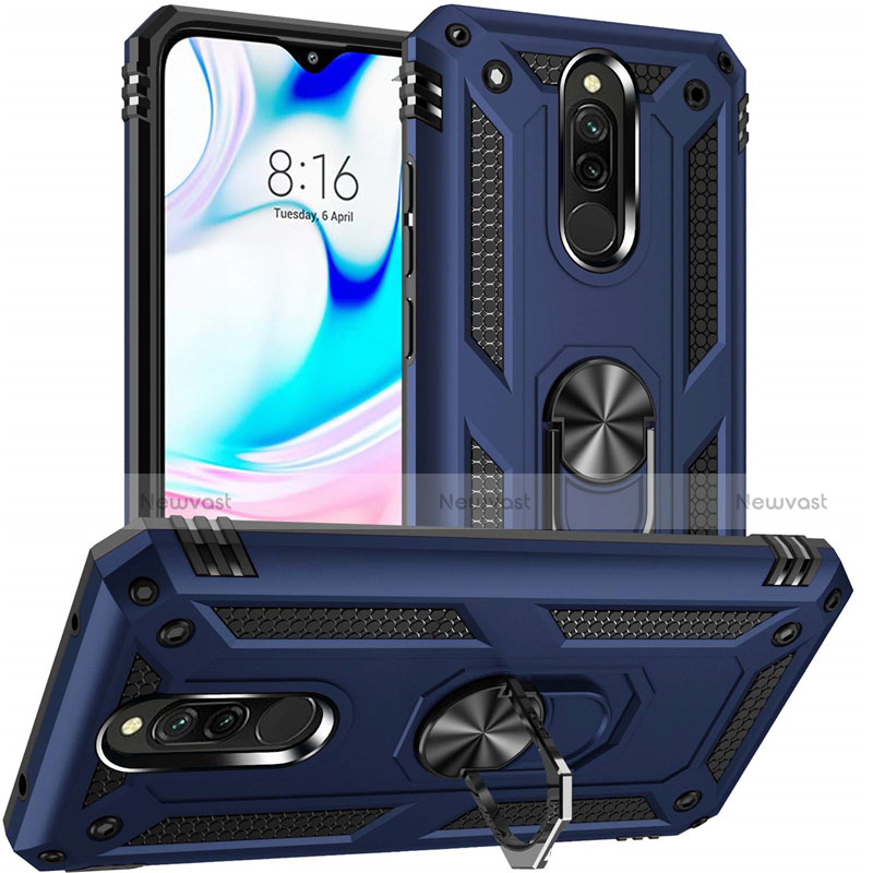 Silicone Matte Finish and Plastic Back Cover Case with Magnetic Finger Ring Stand S04 for Xiaomi Redmi 8 Blue