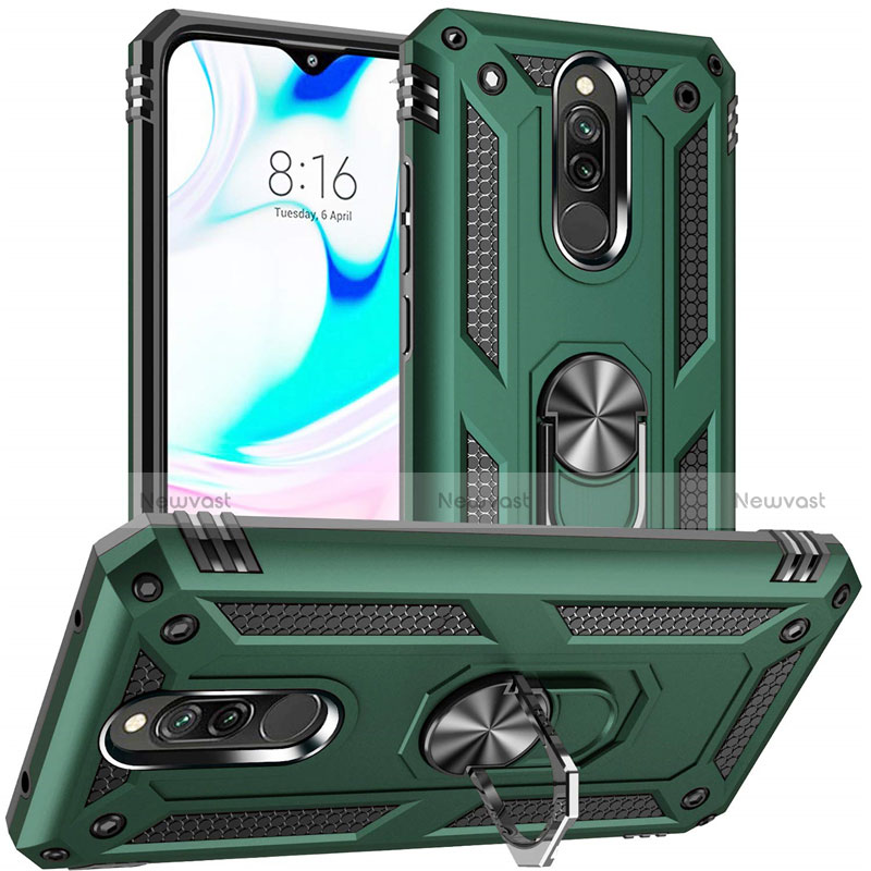 Silicone Matte Finish and Plastic Back Cover Case with Magnetic Finger Ring Stand S04 for Xiaomi Redmi 8 Green