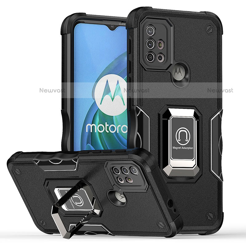 Silicone Matte Finish and Plastic Back Cover Case with Magnetic Finger Ring Stand S05 for Motorola Moto G10 Black