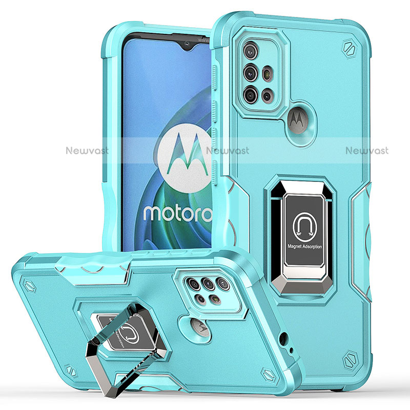 Silicone Matte Finish and Plastic Back Cover Case with Magnetic Finger Ring Stand S05 for Motorola Moto G10 Power Cyan