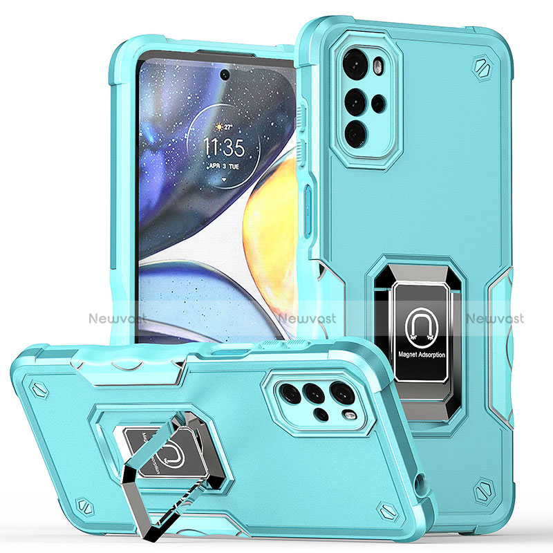 Silicone Matte Finish and Plastic Back Cover Case with Magnetic Finger Ring Stand S05 for Motorola Moto G22 Cyan