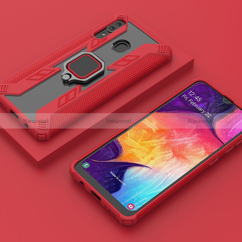 Silicone Matte Finish and Plastic Back Cover Case with Magnetic Finger Ring Stand S05 for Samsung Galaxy A30 Red