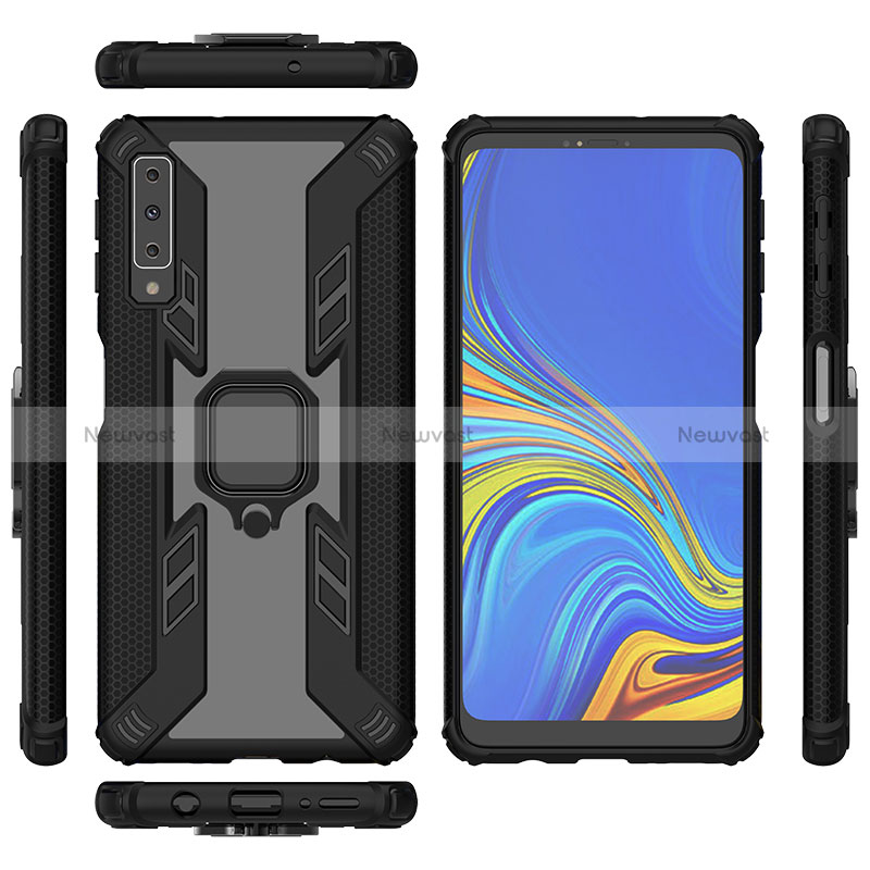 Silicone Matte Finish and Plastic Back Cover Case with Magnetic Finger Ring Stand S05 for Samsung Galaxy A7 (2018) A750