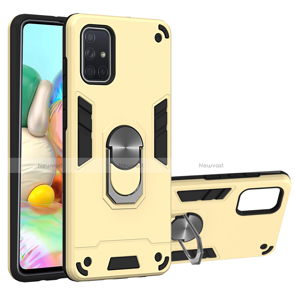 Silicone Matte Finish and Plastic Back Cover Case with Magnetic Finger Ring Stand S05 for Samsung Galaxy A71 5G Gold