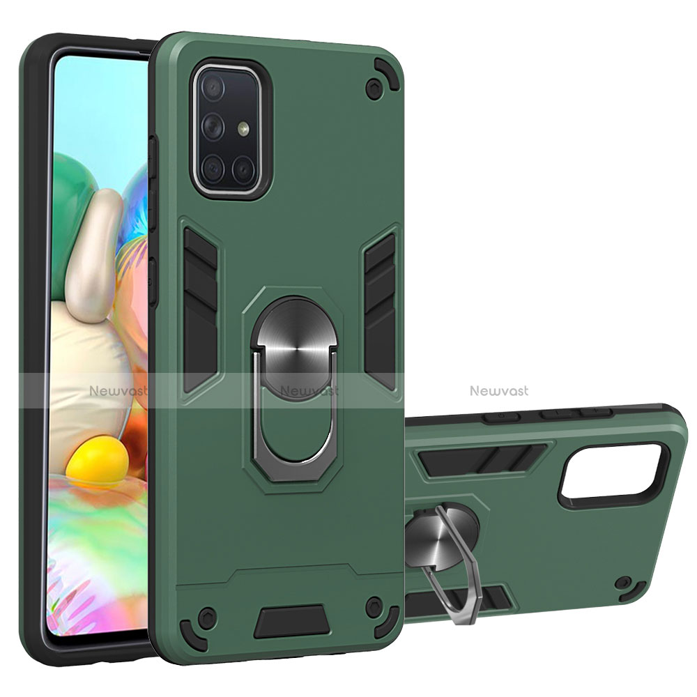 Silicone Matte Finish and Plastic Back Cover Case with Magnetic Finger Ring Stand S05 for Samsung Galaxy A71 5G Green