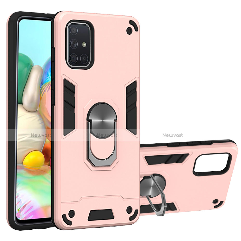 Silicone Matte Finish and Plastic Back Cover Case with Magnetic Finger Ring Stand S05 for Samsung Galaxy A71 5G Pink