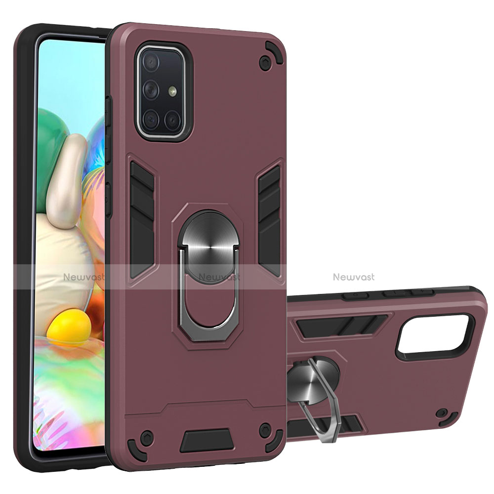 Silicone Matte Finish and Plastic Back Cover Case with Magnetic Finger Ring Stand S05 for Samsung Galaxy A71 5G Red Wine