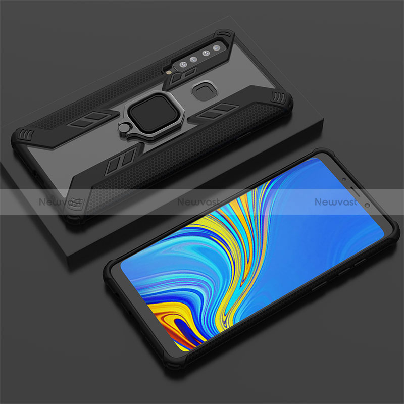 Silicone Matte Finish and Plastic Back Cover Case with Magnetic Finger Ring Stand S05 for Samsung Galaxy A9 (2018) A920 Black