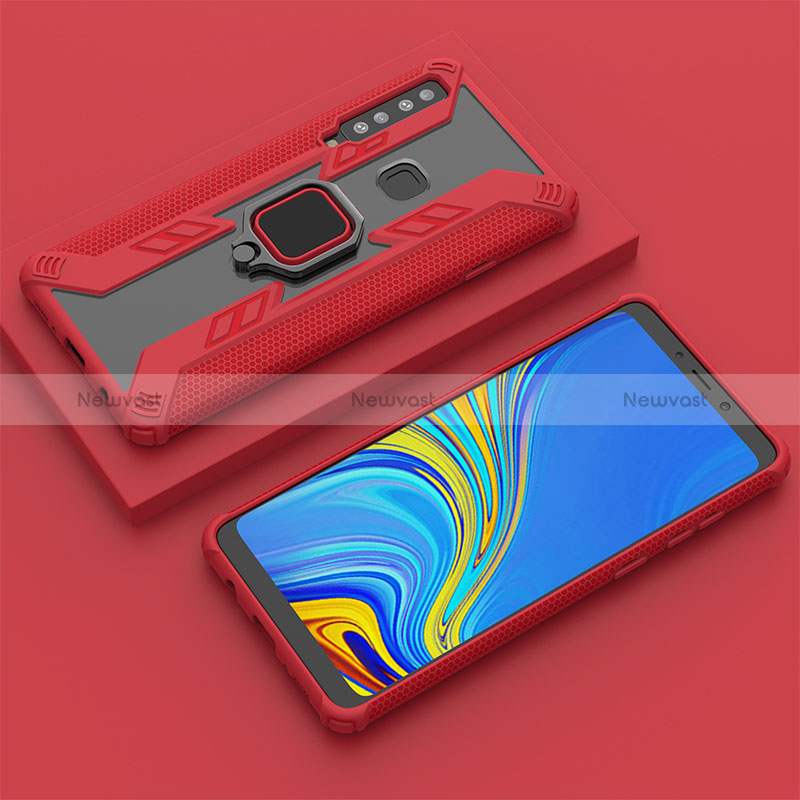 Silicone Matte Finish and Plastic Back Cover Case with Magnetic Finger Ring Stand S05 for Samsung Galaxy A9 (2018) A920 Red