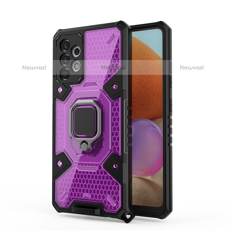 Silicone Matte Finish and Plastic Back Cover Case with Magnetic Finger Ring Stand S05 for Samsung Galaxy M32 5G Purple