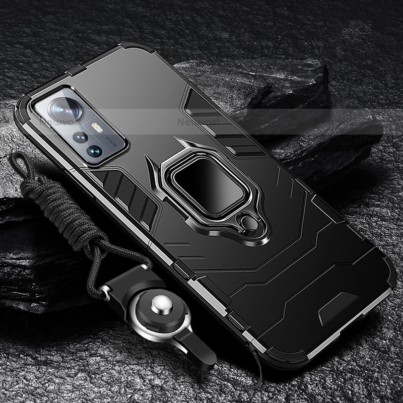 Silicone Matte Finish and Plastic Back Cover Case with Magnetic Finger Ring Stand S05 for Xiaomi Mi 12 Lite 5G Black