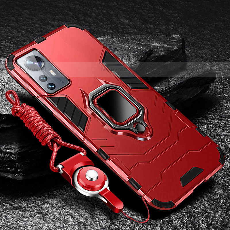 Silicone Matte Finish and Plastic Back Cover Case with Magnetic Finger Ring Stand S05 for Xiaomi Mi 12S Pro 5G Red