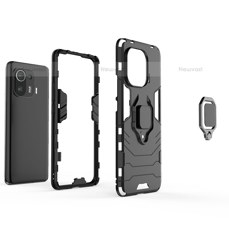 Silicone Matte Finish and Plastic Back Cover Case with Magnetic Finger Ring Stand S05K for Xiaomi Mi 11 Pro 5G