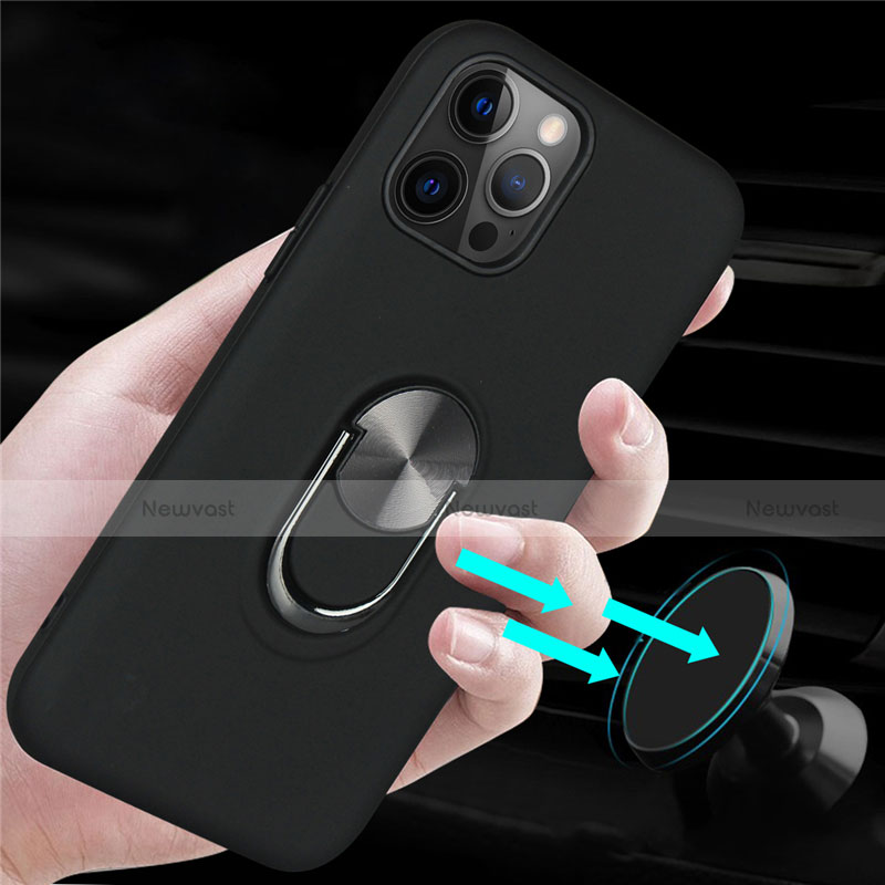 Silicone Matte Finish and Plastic Back Cover Case with Magnetic Finger Ring Stand S06 for Apple iPhone 12 Pro Max