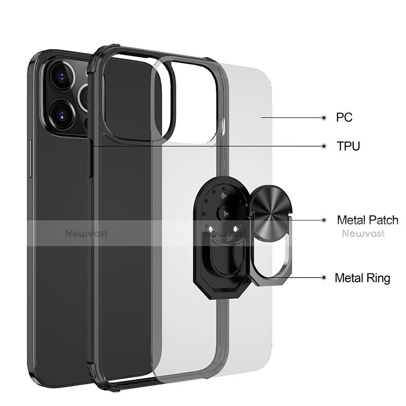 Silicone Matte Finish and Plastic Back Cover Case with Magnetic Finger Ring Stand S06 for Apple iPhone 13 Pro