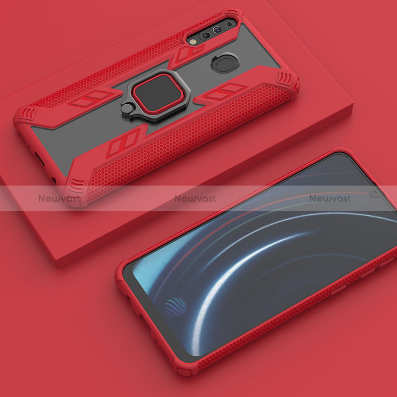 Silicone Matte Finish and Plastic Back Cover Case with Magnetic Finger Ring Stand S06 for Samsung Galaxy A40s Red