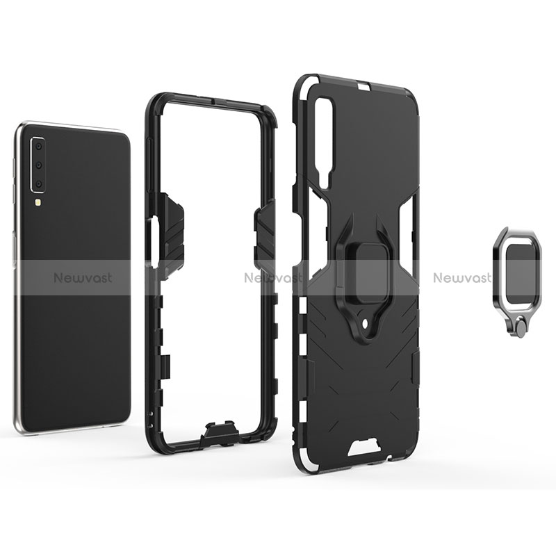 Silicone Matte Finish and Plastic Back Cover Case with Magnetic Finger Ring Stand S06 for Samsung Galaxy A7 (2018) A750