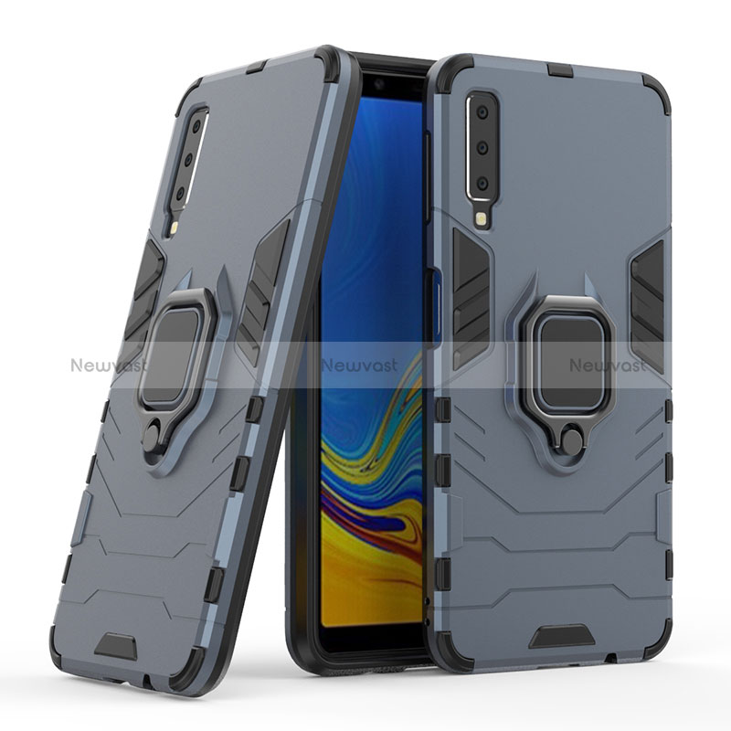 Silicone Matte Finish and Plastic Back Cover Case with Magnetic Finger Ring Stand S06 for Samsung Galaxy A7 (2018) A750