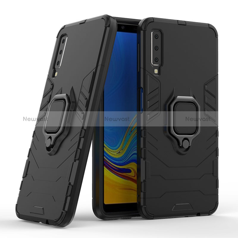 Silicone Matte Finish and Plastic Back Cover Case with Magnetic Finger Ring Stand S06 for Samsung Galaxy A7 (2018) A750