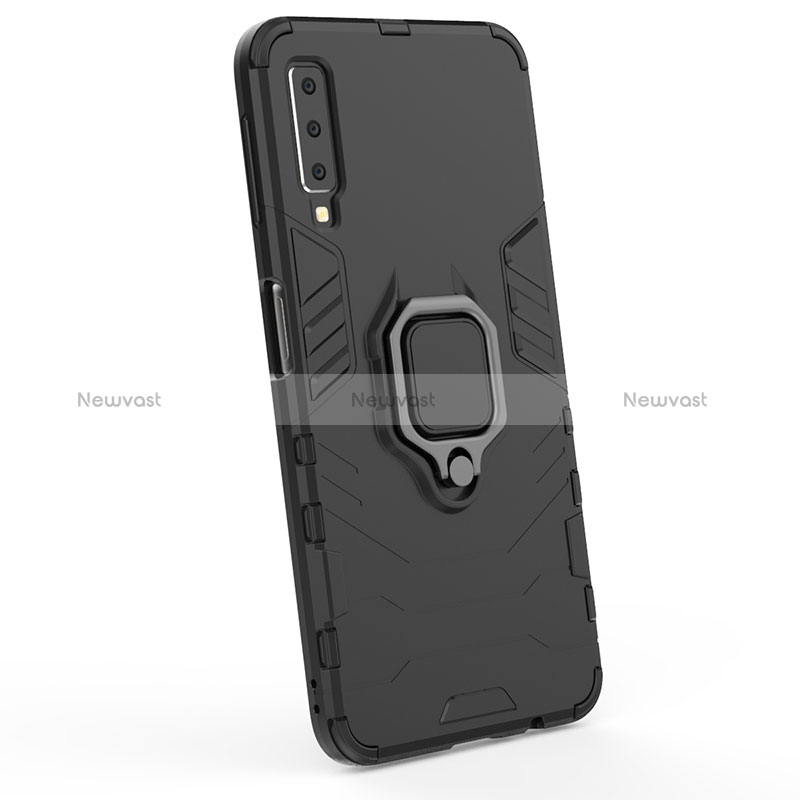 Silicone Matte Finish and Plastic Back Cover Case with Magnetic Finger Ring Stand S06 for Samsung Galaxy A7 (2018) A750