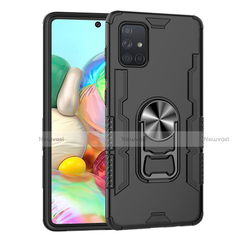 Silicone Matte Finish and Plastic Back Cover Case with Magnetic Finger Ring Stand S06 for Samsung Galaxy A71 5G Black