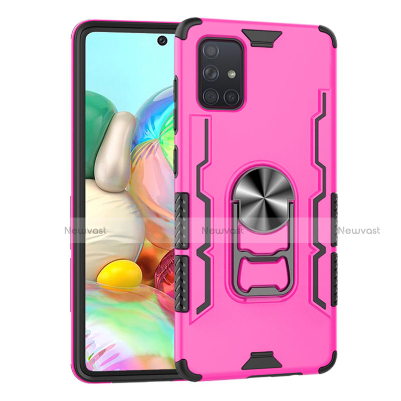 Silicone Matte Finish and Plastic Back Cover Case with Magnetic Finger Ring Stand S06 for Samsung Galaxy A71 5G Pink