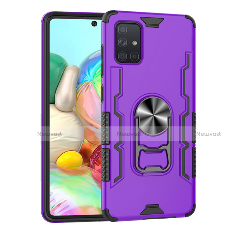 Silicone Matte Finish and Plastic Back Cover Case with Magnetic Finger Ring Stand S06 for Samsung Galaxy A71 5G Purple