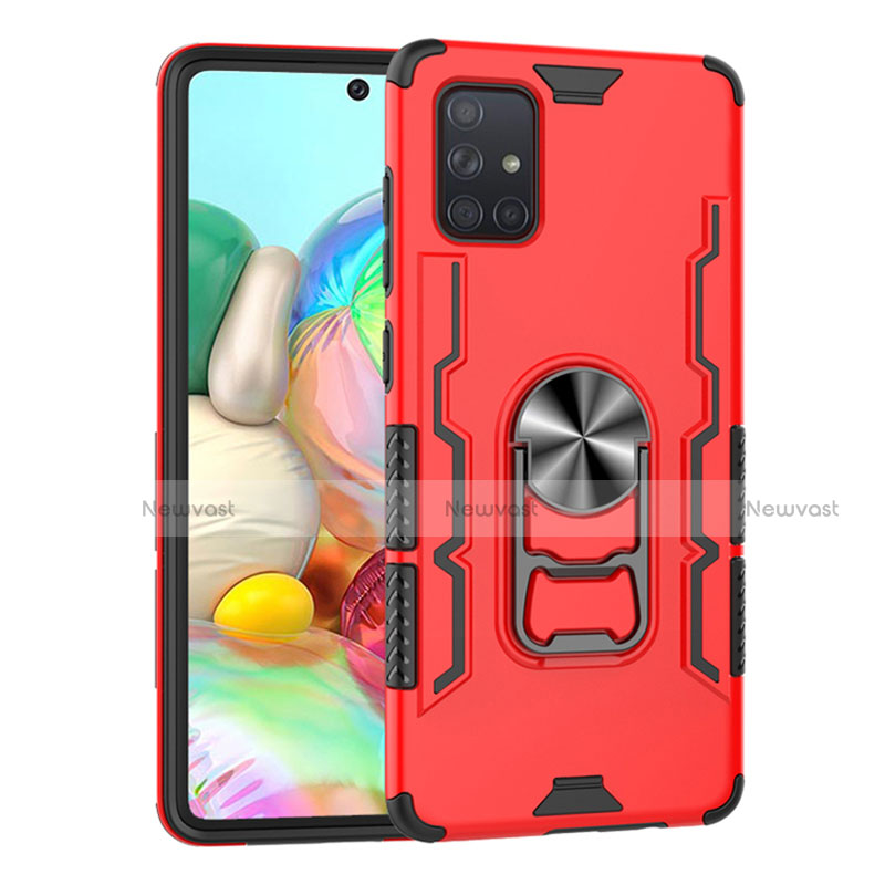 Silicone Matte Finish and Plastic Back Cover Case with Magnetic Finger Ring Stand S06 for Samsung Galaxy A71 5G Red