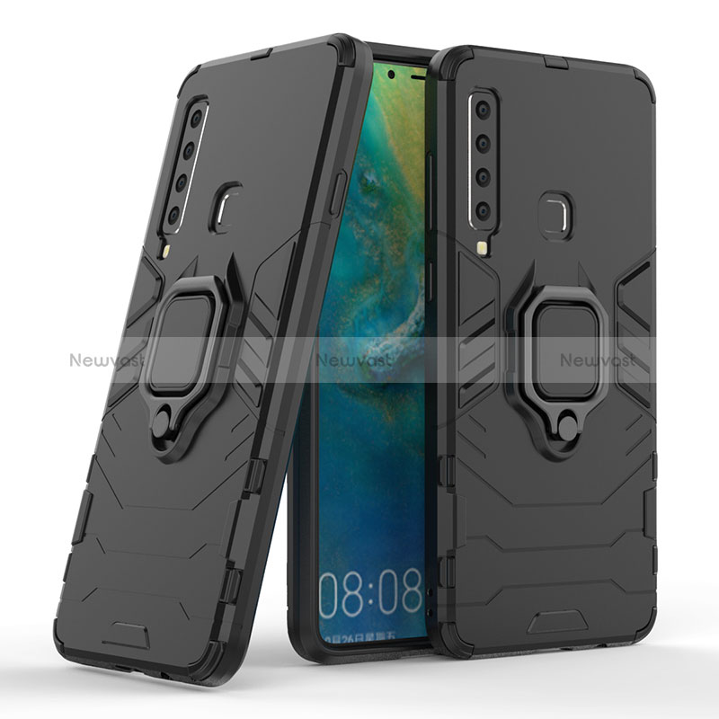 Silicone Matte Finish and Plastic Back Cover Case with Magnetic Finger Ring Stand S06 for Samsung Galaxy A9s Black