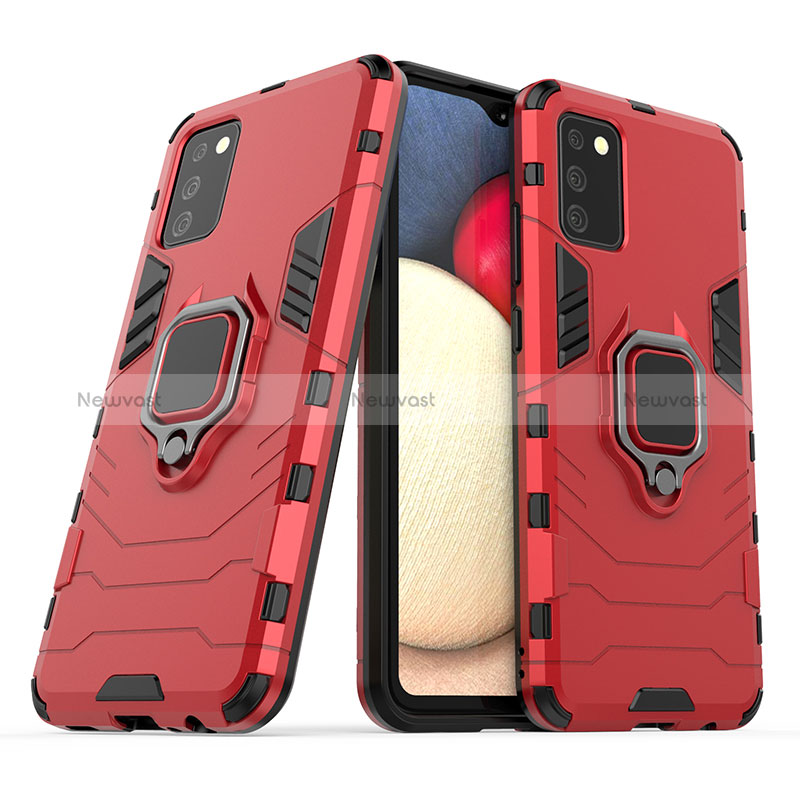 Silicone Matte Finish and Plastic Back Cover Case with Magnetic Finger Ring Stand S06 for Samsung Galaxy F02S SM-E025F Red