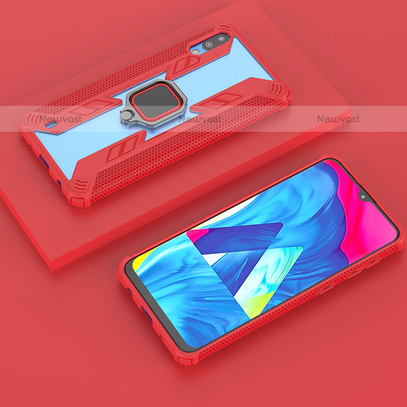 Silicone Matte Finish and Plastic Back Cover Case with Magnetic Finger Ring Stand S06 for Samsung Galaxy M10 Red