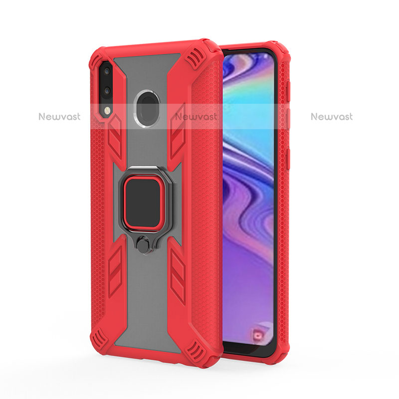 Silicone Matte Finish and Plastic Back Cover Case with Magnetic Finger Ring Stand S06 for Samsung Galaxy M20 Red