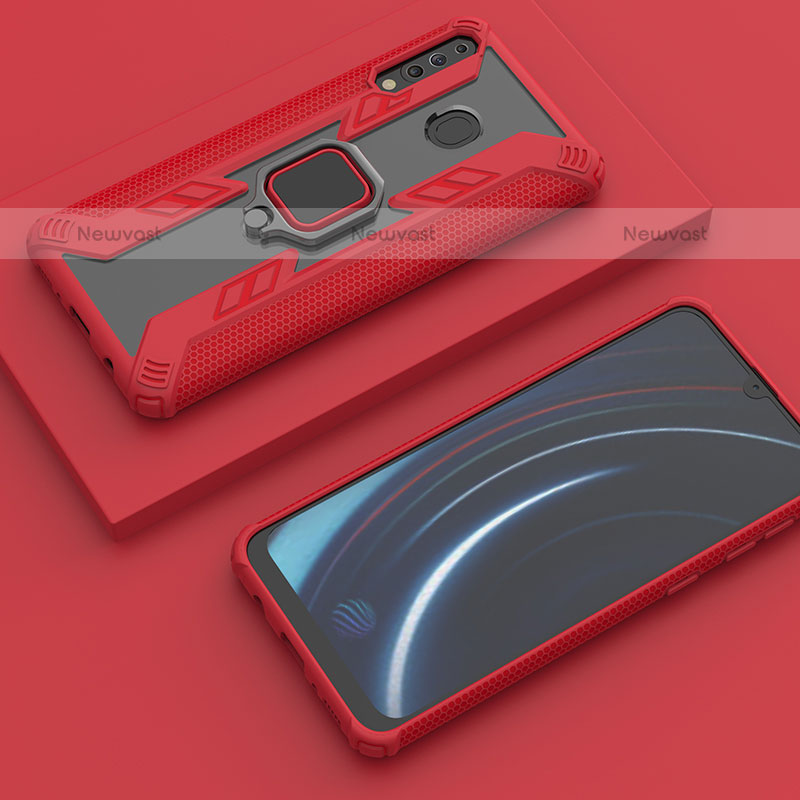 Silicone Matte Finish and Plastic Back Cover Case with Magnetic Finger Ring Stand S06 for Samsung Galaxy M30 Red