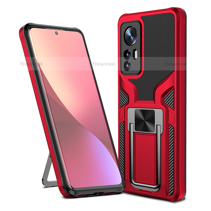 Silicone Matte Finish and Plastic Back Cover Case with Magnetic Finger Ring Stand S06 for Xiaomi Mi 12S 5G Red