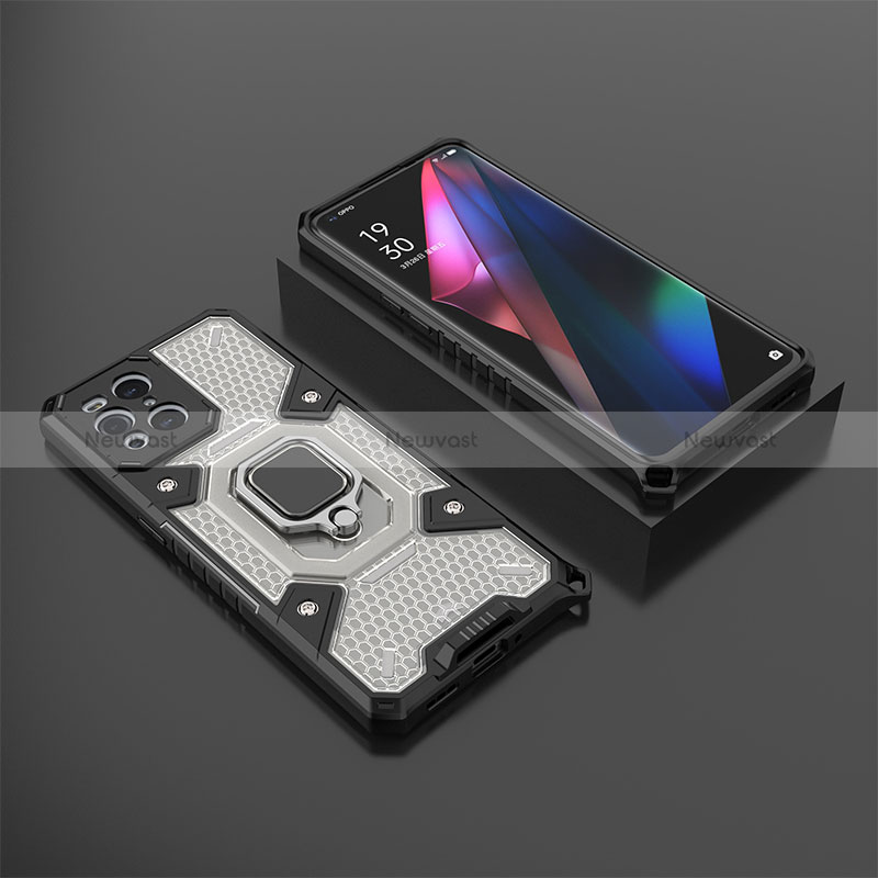 Silicone Matte Finish and Plastic Back Cover Case with Magnetic Finger Ring Stand S07 for Oppo Find X3 5G Black