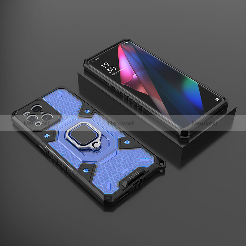 Silicone Matte Finish and Plastic Back Cover Case with Magnetic Finger Ring Stand S07 for Oppo Find X3 5G Blue