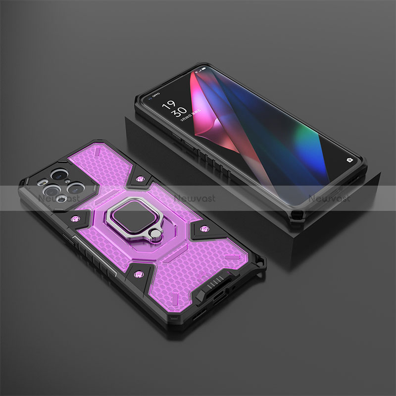 Silicone Matte Finish and Plastic Back Cover Case with Magnetic Finger Ring Stand S07 for Oppo Find X3 5G Purple