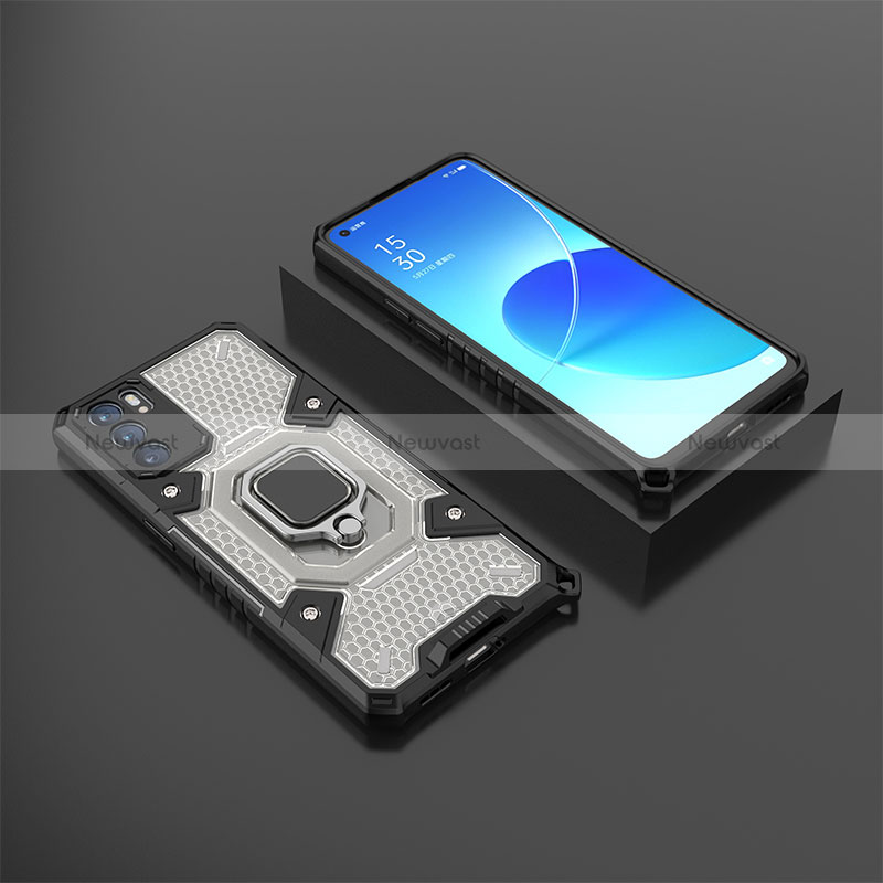 Silicone Matte Finish and Plastic Back Cover Case with Magnetic Finger Ring Stand S07 for Oppo Reno6 5G