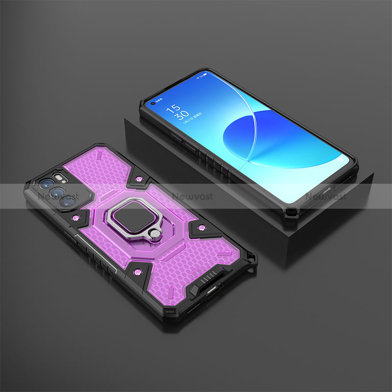 Silicone Matte Finish and Plastic Back Cover Case with Magnetic Finger Ring Stand S07 for Oppo Reno6 5G