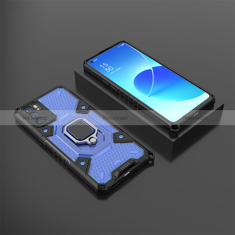 Silicone Matte Finish and Plastic Back Cover Case with Magnetic Finger Ring Stand S07 for Oppo Reno6 5G